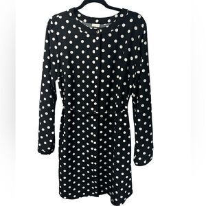 Merona Black White Polka Dot Long Sleeve Mini Dress Tie Belt Crewneck Button Up